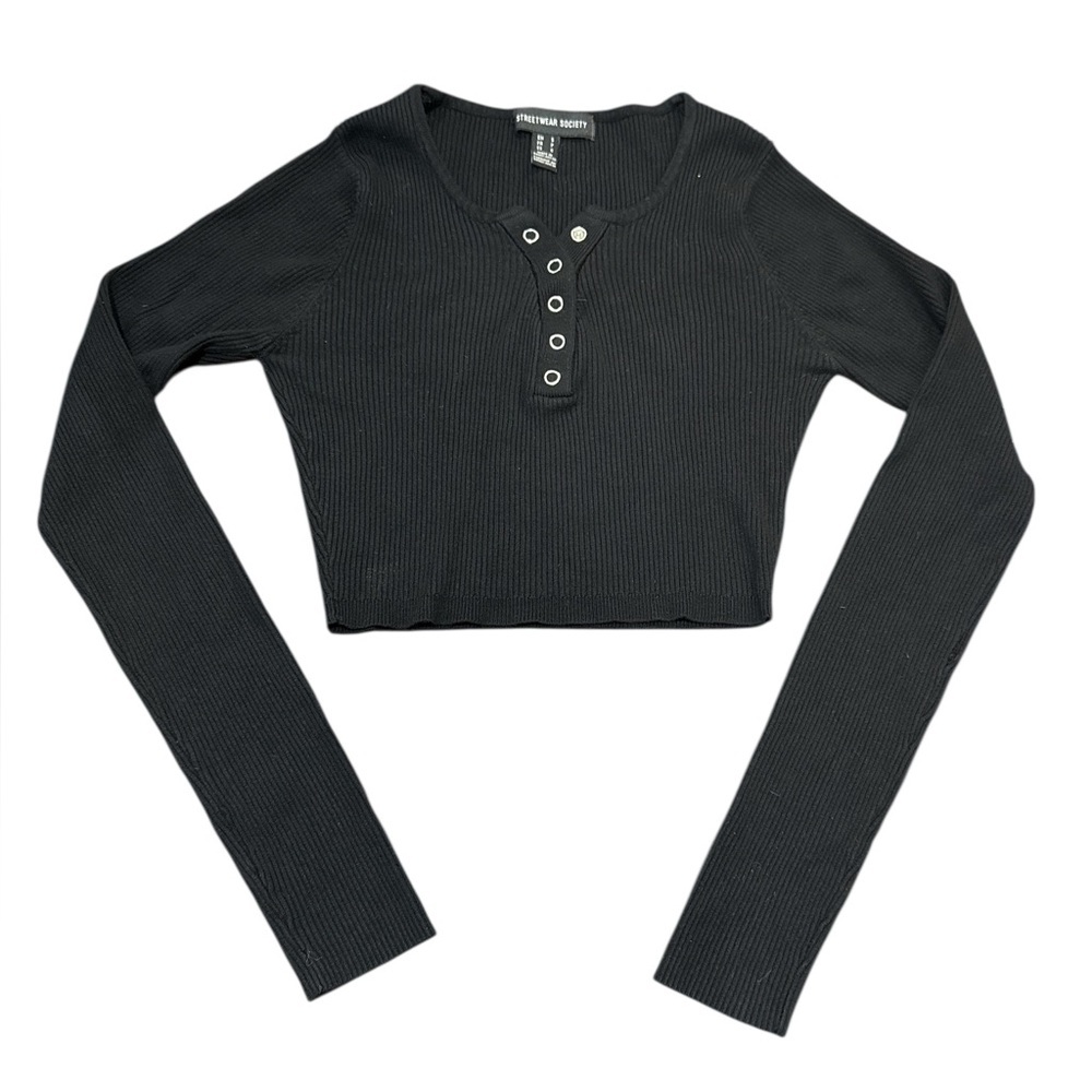 Streetwear Society Black Ribbed Crop Top Henley Long Sleeve | Small